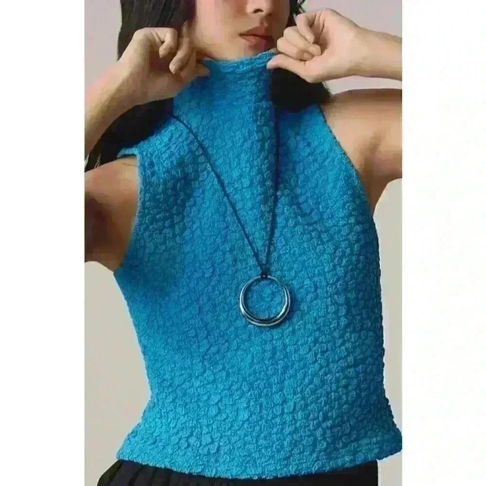 Anthropologie Turquoise Blue Tassel Popcorn High Neck Crop Tank Top - Women's XL